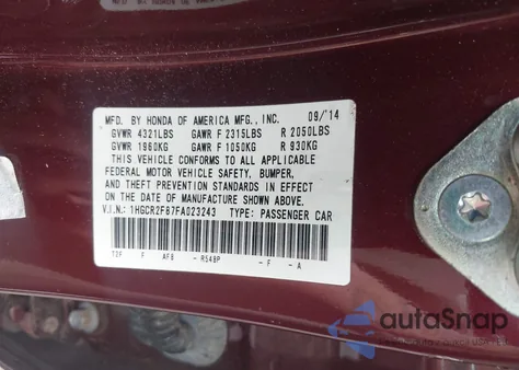 2015 Honda Accord Ex-L z USA, uszkodzony, nr VIN 1HGCR2F87FA023243